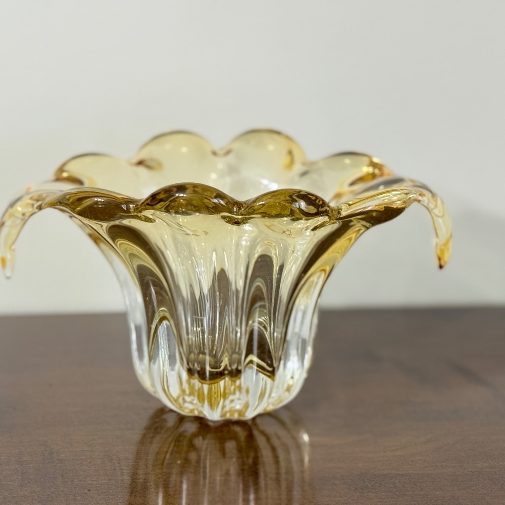Murano Art Glass Ribbed Drip Waterfall Tulip Vase Amber Yellow Citrine Color